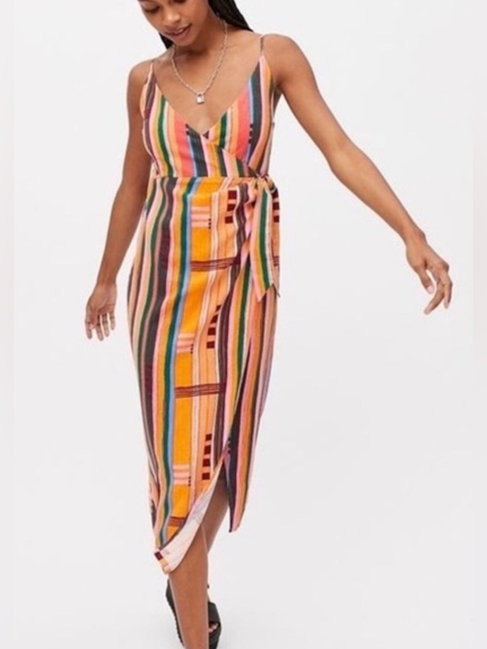 Striped V-Neck Tie-Waist Midi Dress in Multi-Color